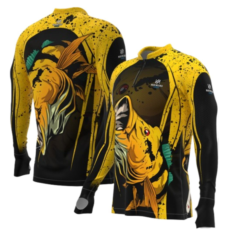 Camiseta de Pesca Mar Negro Infantil Premium Tucunaré Amarelo